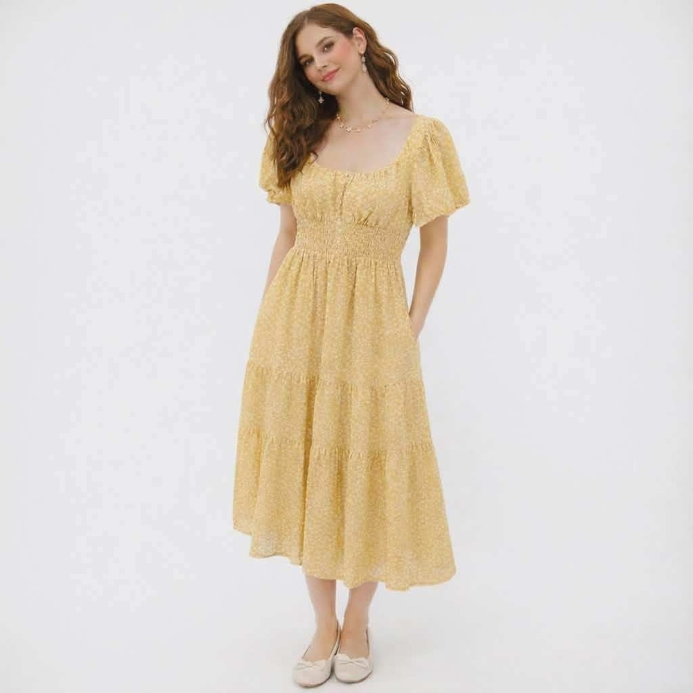 Urban Outfitters Midi Dress Women XS Yellow Floral Smocked Puff Sleeve Milkmaid